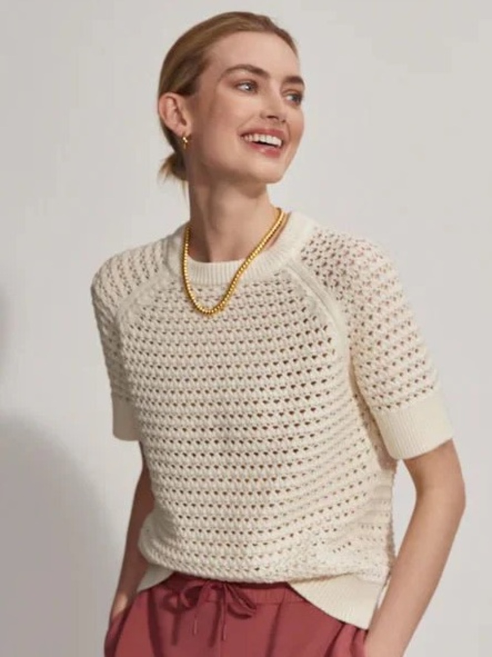 Buffalo David Bitton Cream Open-Knit Short Sleeve Sweater